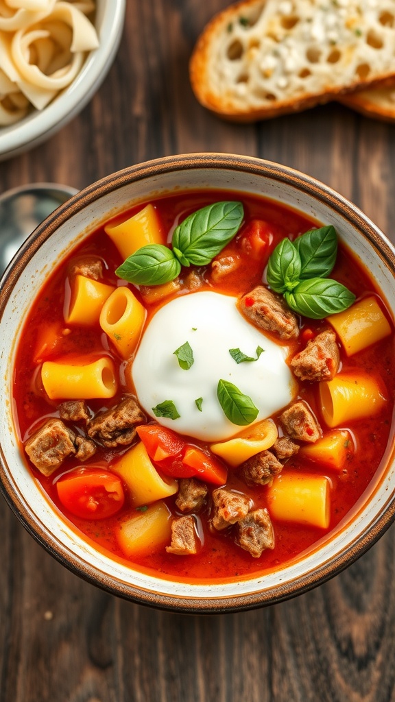 Bowl of lasagna soup with ricotta and mozzarella cheese, fresh basil, and garlic bread on a rustic table.